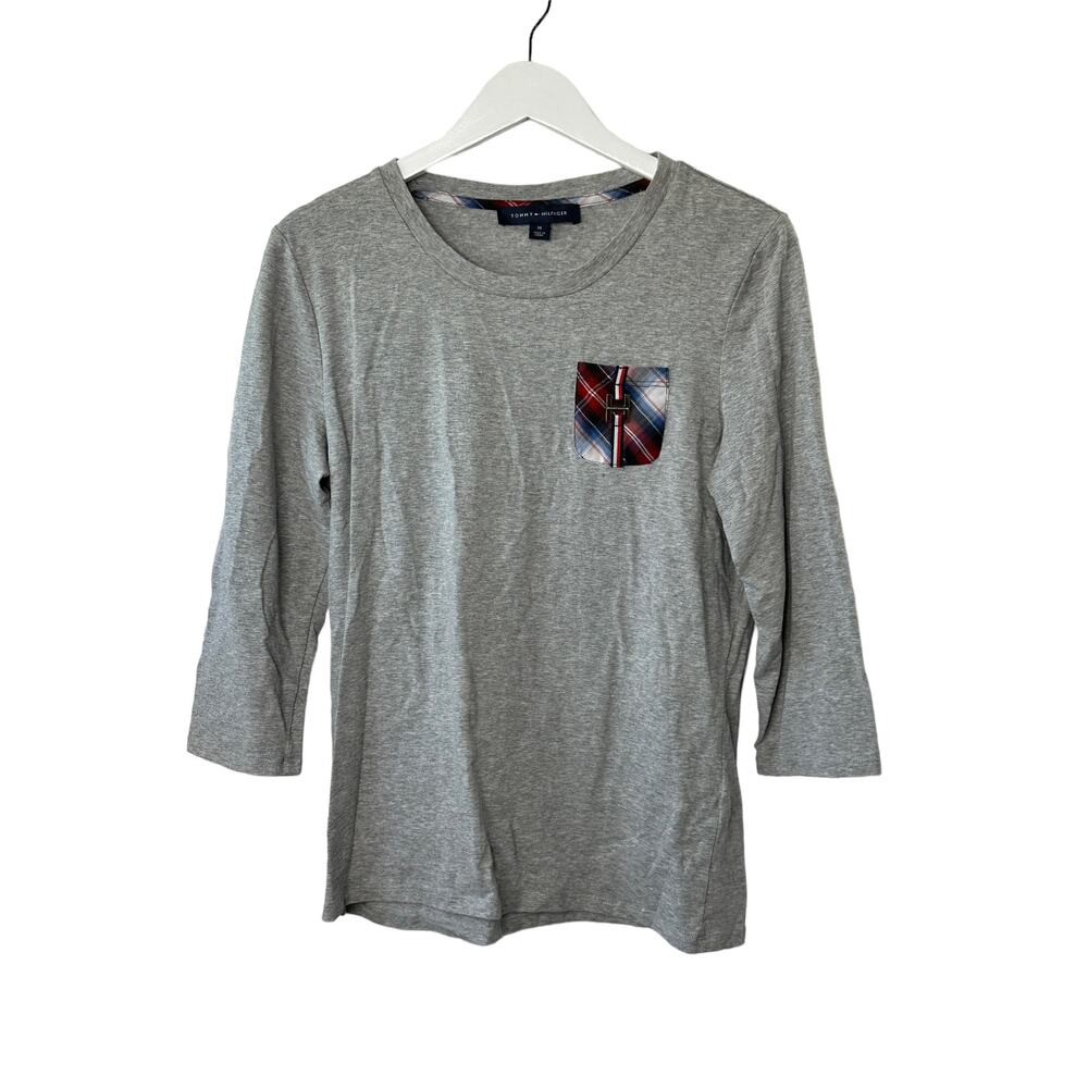 Tommy Hilfiger 3/4 Sleeve Gray Crewneck T-Shirt Plaid Chest Pocket Womens Medium